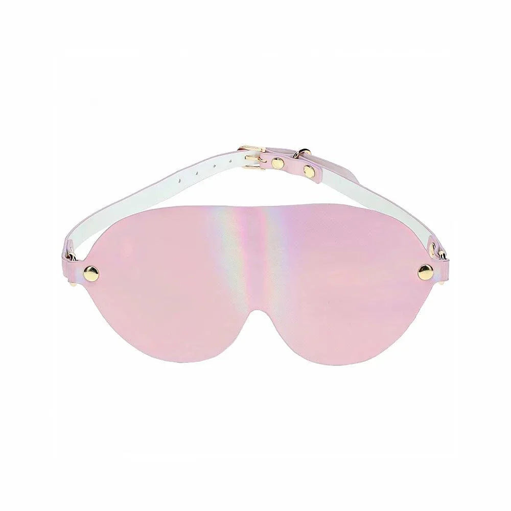 Ouch! International Paris Collection pink bonded leather blindfold with iridescent hardware and adjustable strap