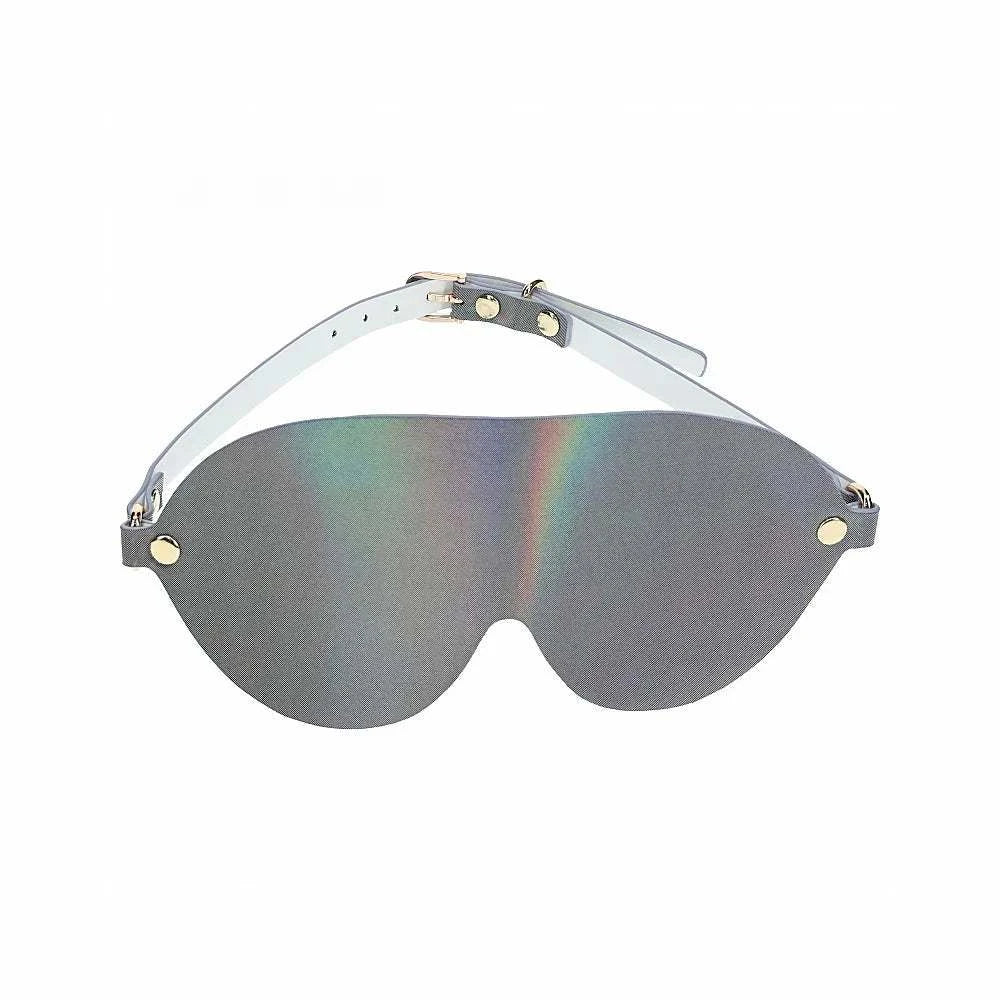 Ouch! International Paris Collection black bonded leather blindfold with iridescent hardware and adjustable strap
