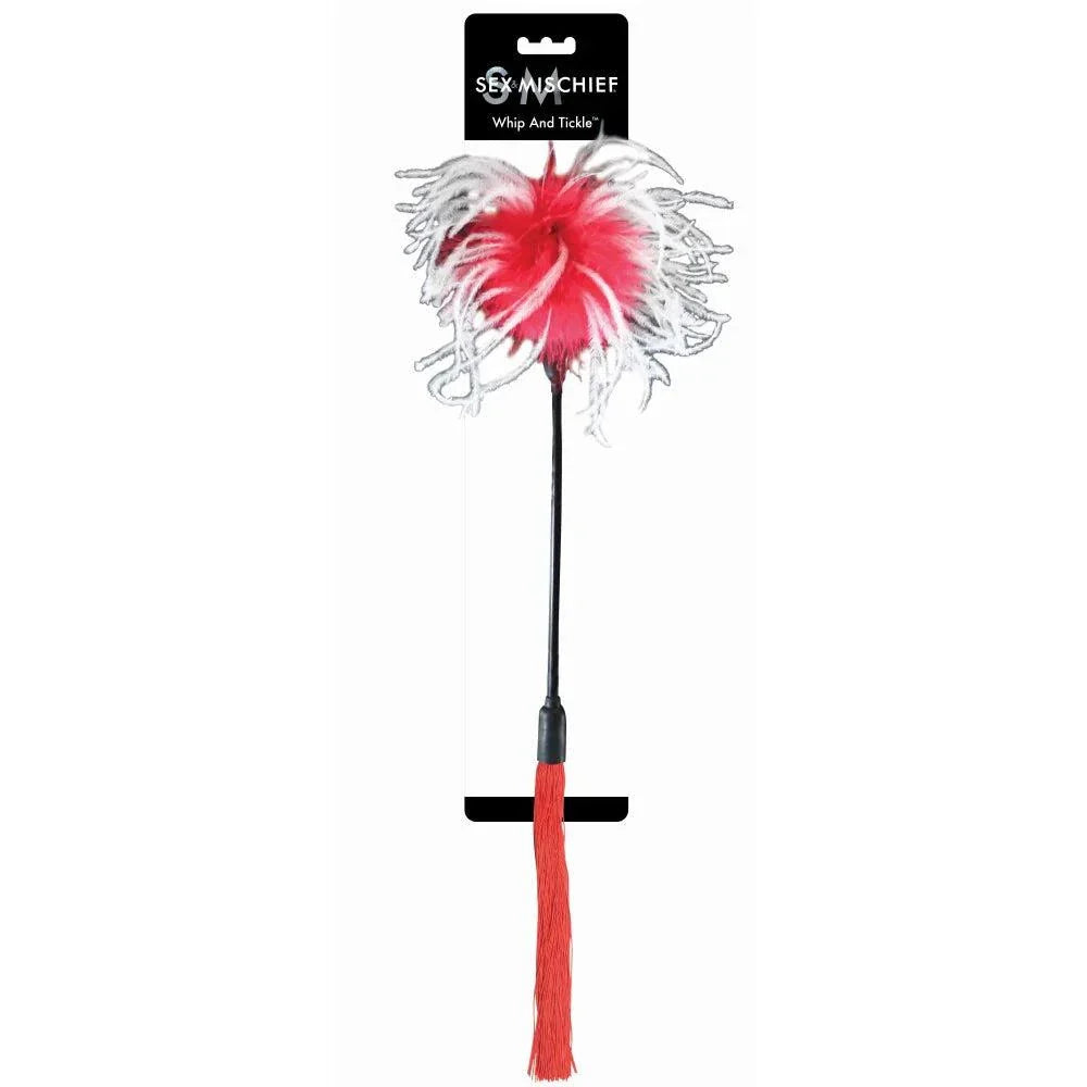 Sportsheets Sex & Mischief red and white feather whip and tickle toy for playful intimate moments