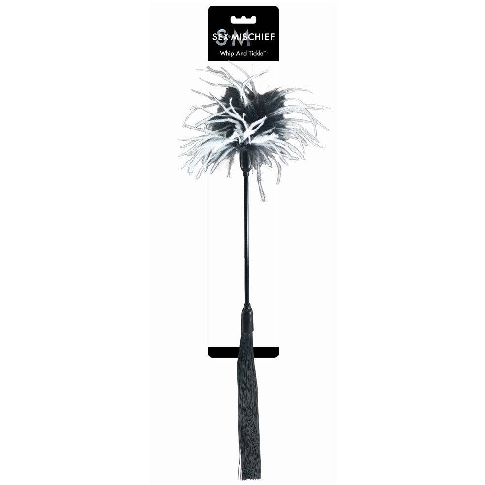 Sportsheets Sex & Mischief black and white dual-action whip and tickler with soft turkey feathers and silicone threads for playful sensual experiences