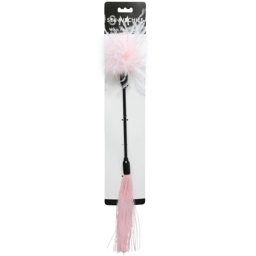 Sportsheets Sex & Mischief pink and white dual-action whip and tickler with feathers and silicone threads for intimate play.
