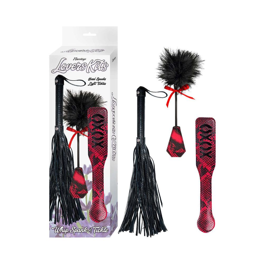 Nasstoys Lovers Kits 3-piece set with faux leather whip, red love paddle, and feather tickler for intimate sensation play