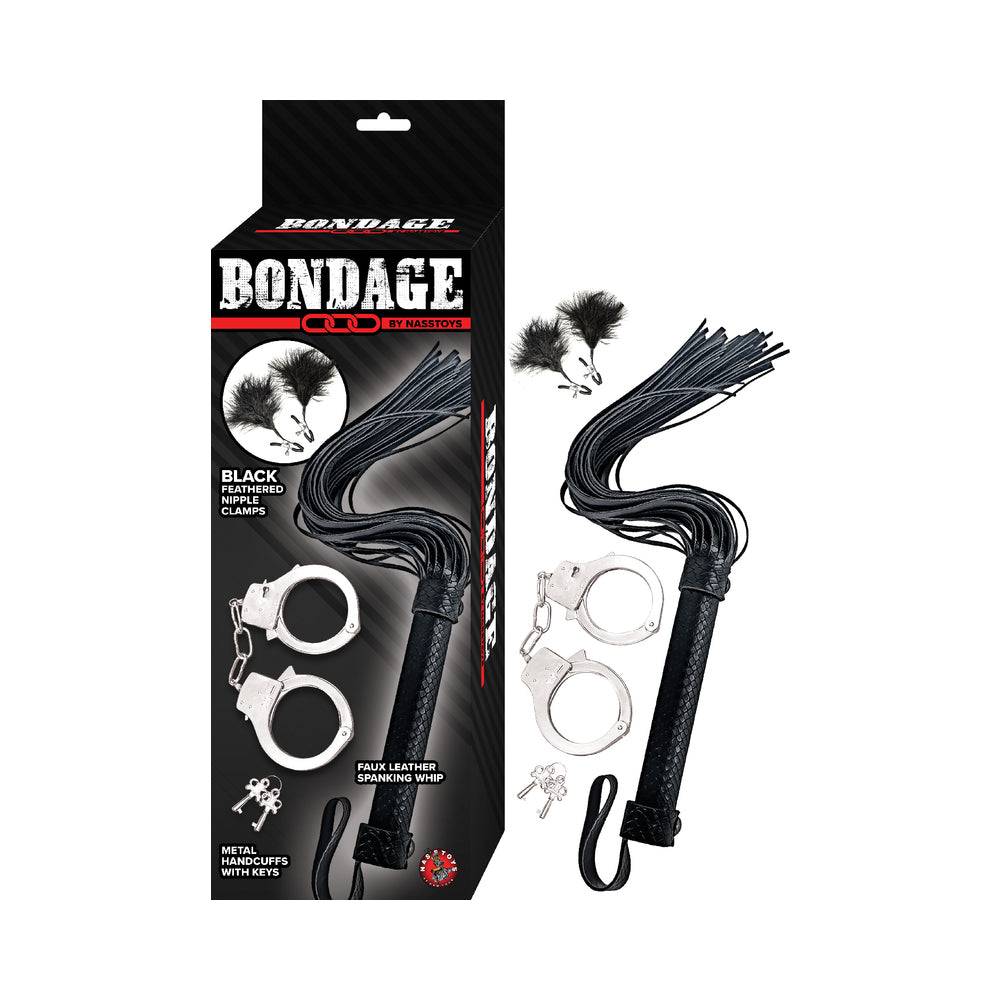 Nasstoys Bondage Kit with black feathered nipple clamps, faux leather flogger whip, and metal handcuffs with keys in black packaging