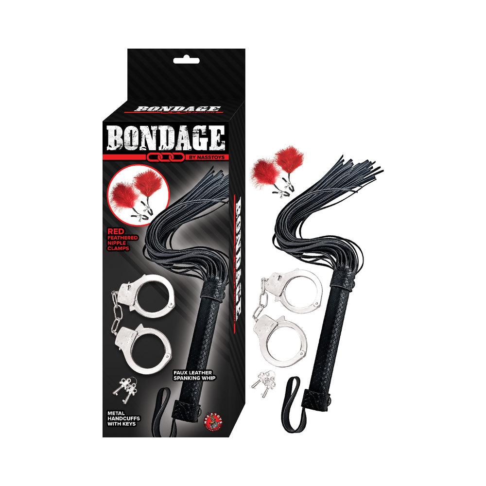Nasstoys Bondage Kit with red feather nipple clamps, faux leather whip, and metal handcuffs with keys in black and red packaging