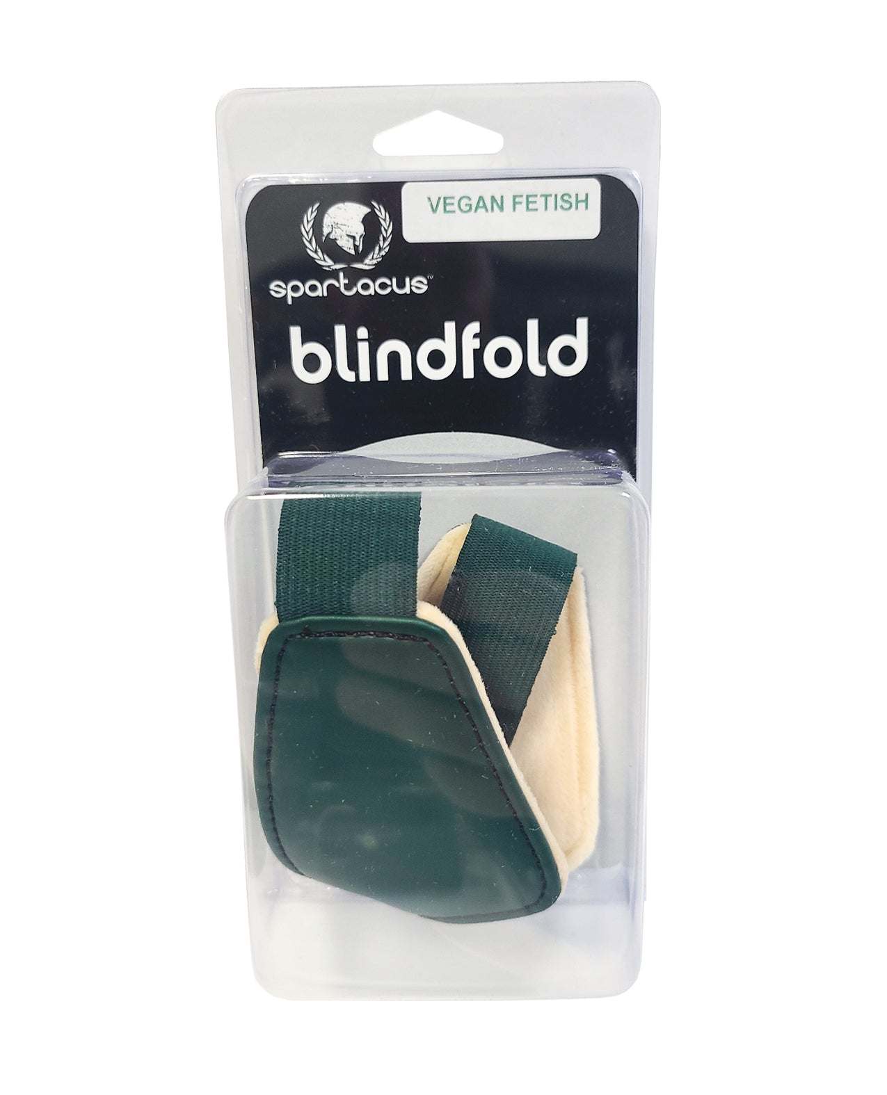 Spartacus PU Blindfold green with plush lining and elastic band in packaging