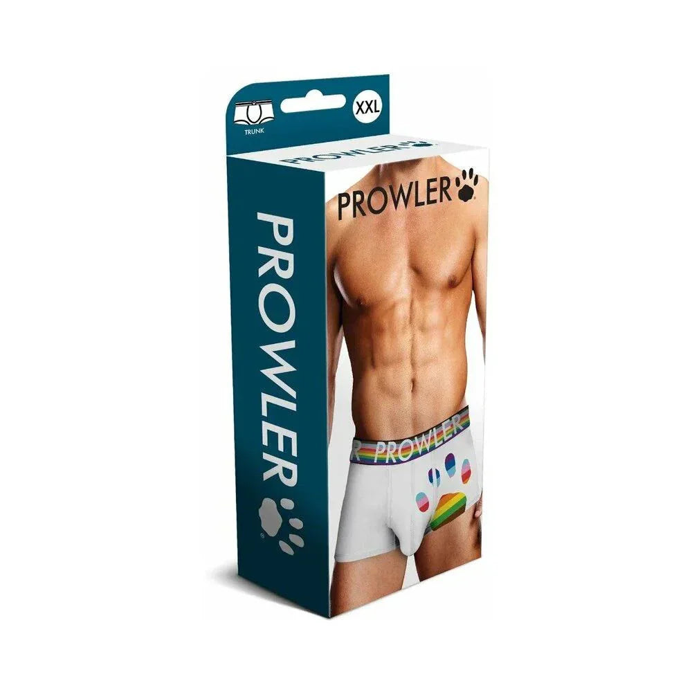 Prowler Oversized Paw Trunk white men's boxer briefs with bold paw print and rainbow detail in packaging