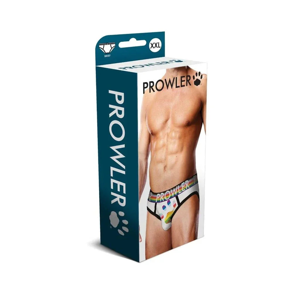 Packaging of Prowler Oversized Paw Brief in white with Progress Pride flag colors and signature waistband on male model.