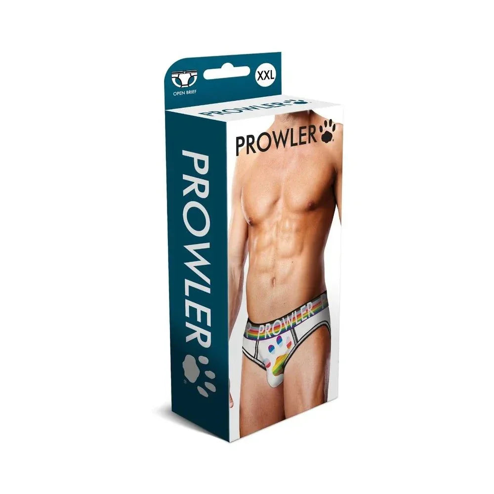 Prowler Oversized Paw men's open brief in white with colorful paw print design on packaging