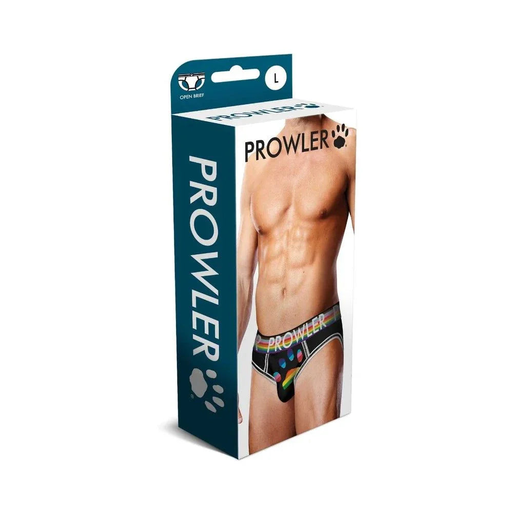 Packaging of Prowler Oversized Paw Open Brief in black with colorful paw prints and elastic waistband displayed on fit male model.