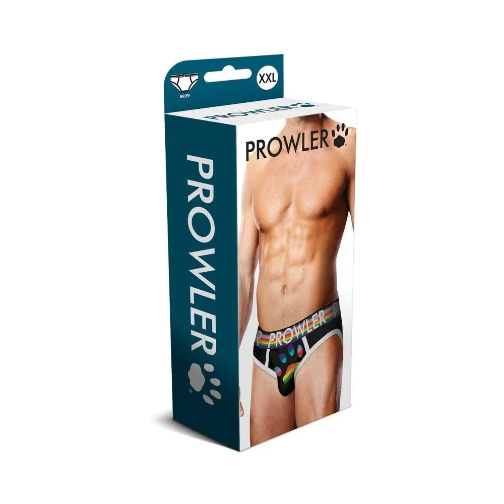 Prowler Oversized Paw Brief black men's underwear with Pride flag waistband and paw print design in packaging