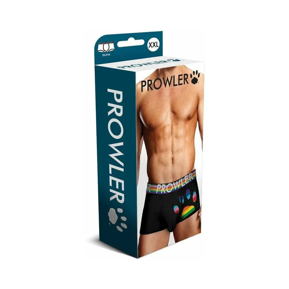 Prowler Oversized Paw Trunk black men's boxer briefs with rainbow paw print and elastic waistband in XXL packaging box