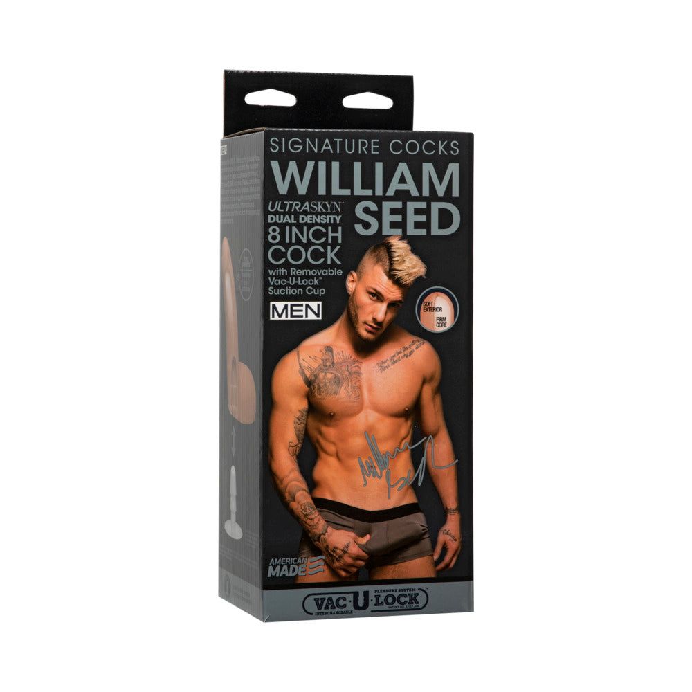 Signature Cocks William Seed 8-inch ULTRASKYN dildo with removable Vac-U-Lock suction cup in vanilla color packaging