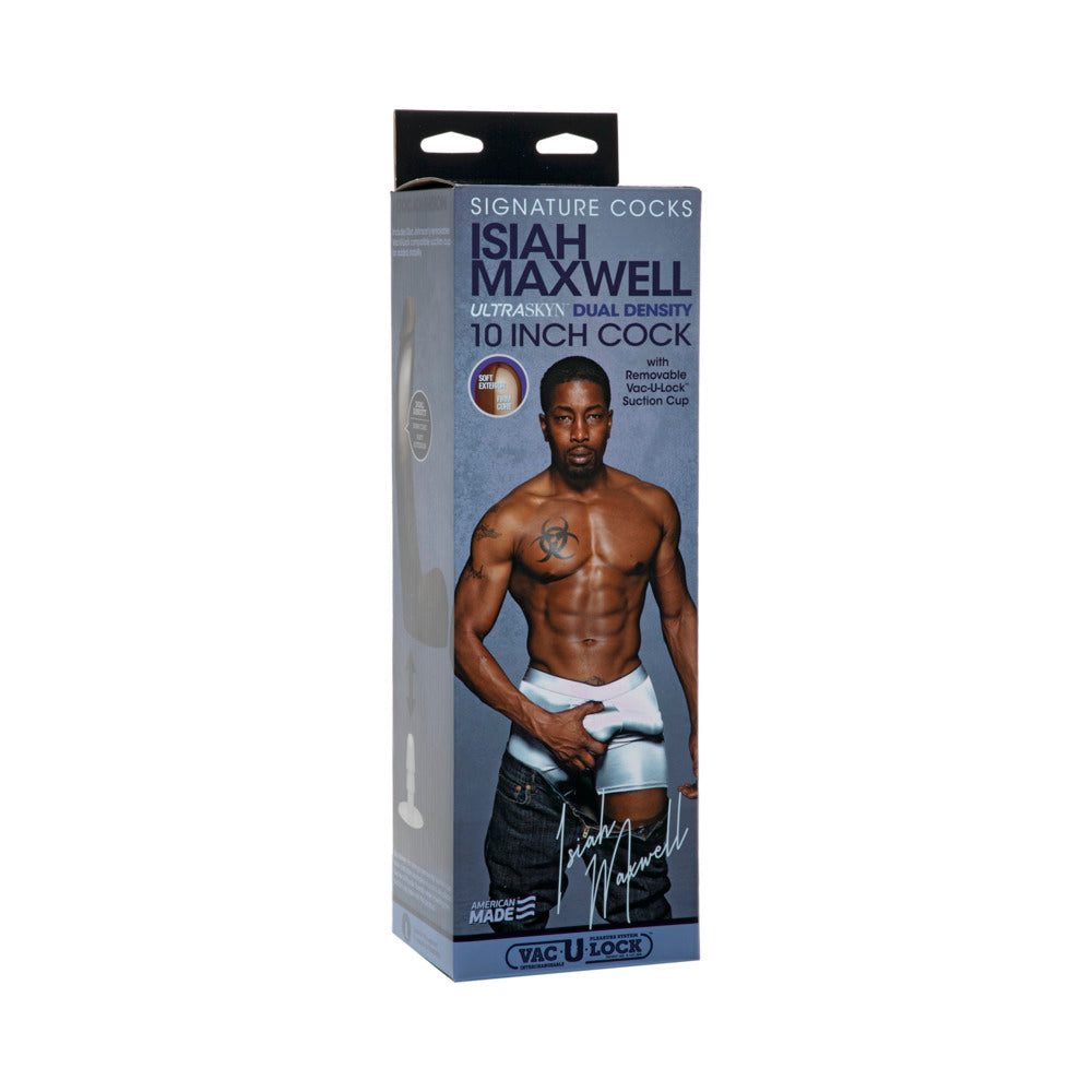 Signature Cocks Isiah Maxwell 10 inch ULTRASKYN cock in chocolate packaging with model image and product details