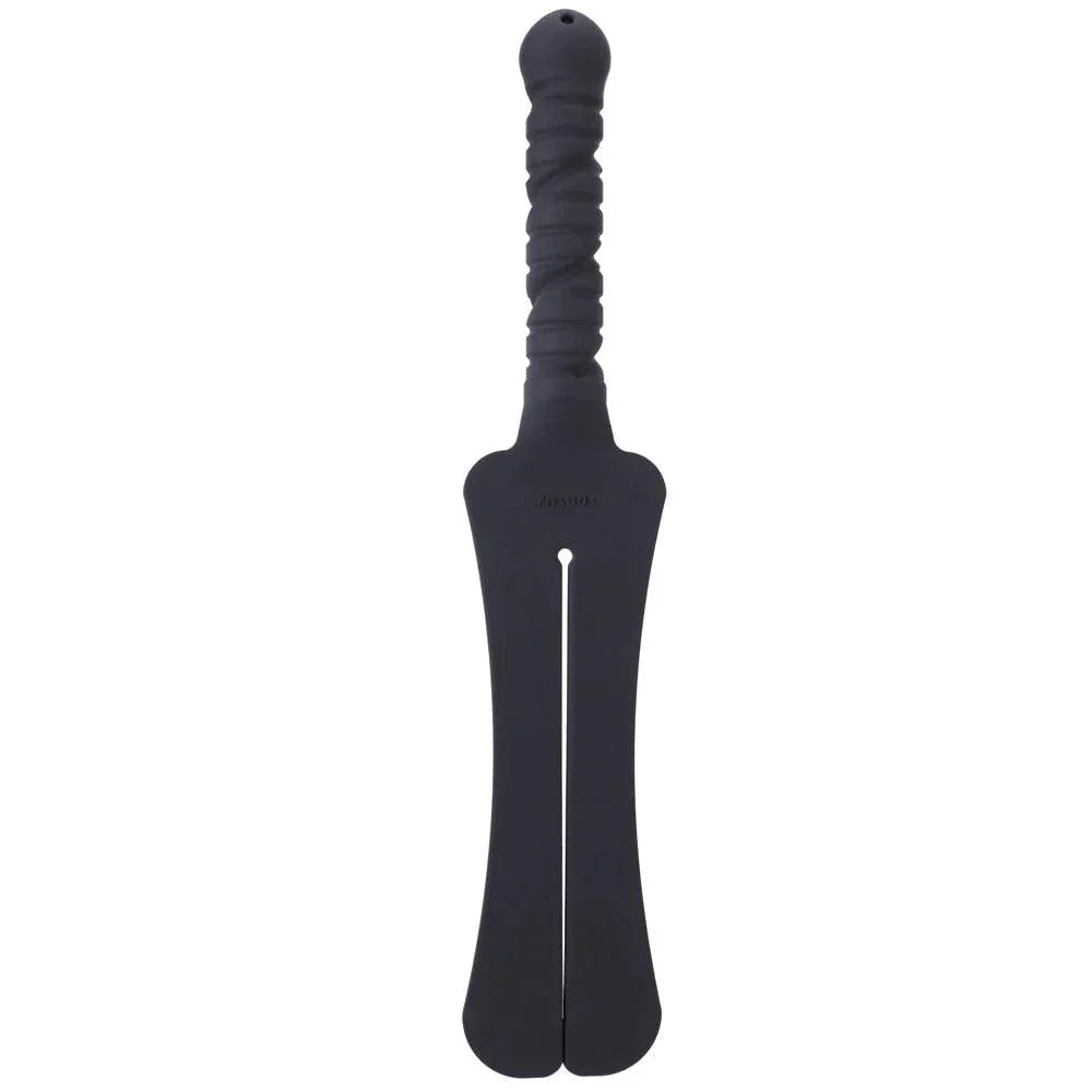 Tantus Trip 2 Tawse black silicone paddle whip with dual broad tongues and textured handle for versatile impact play and internal use