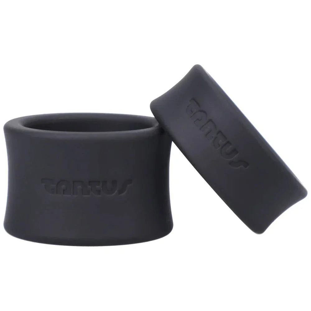 Tantus Ball Stretcher kit in black silicone with small and large sizes for safe scrotum elongation and enhanced pleasure