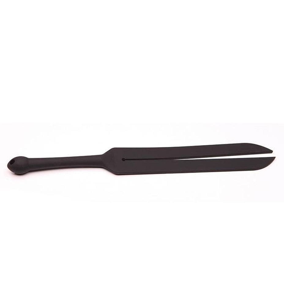 Tantus Tawse Small black silicone paddle whip with split tip and ergonomic handle for impact play