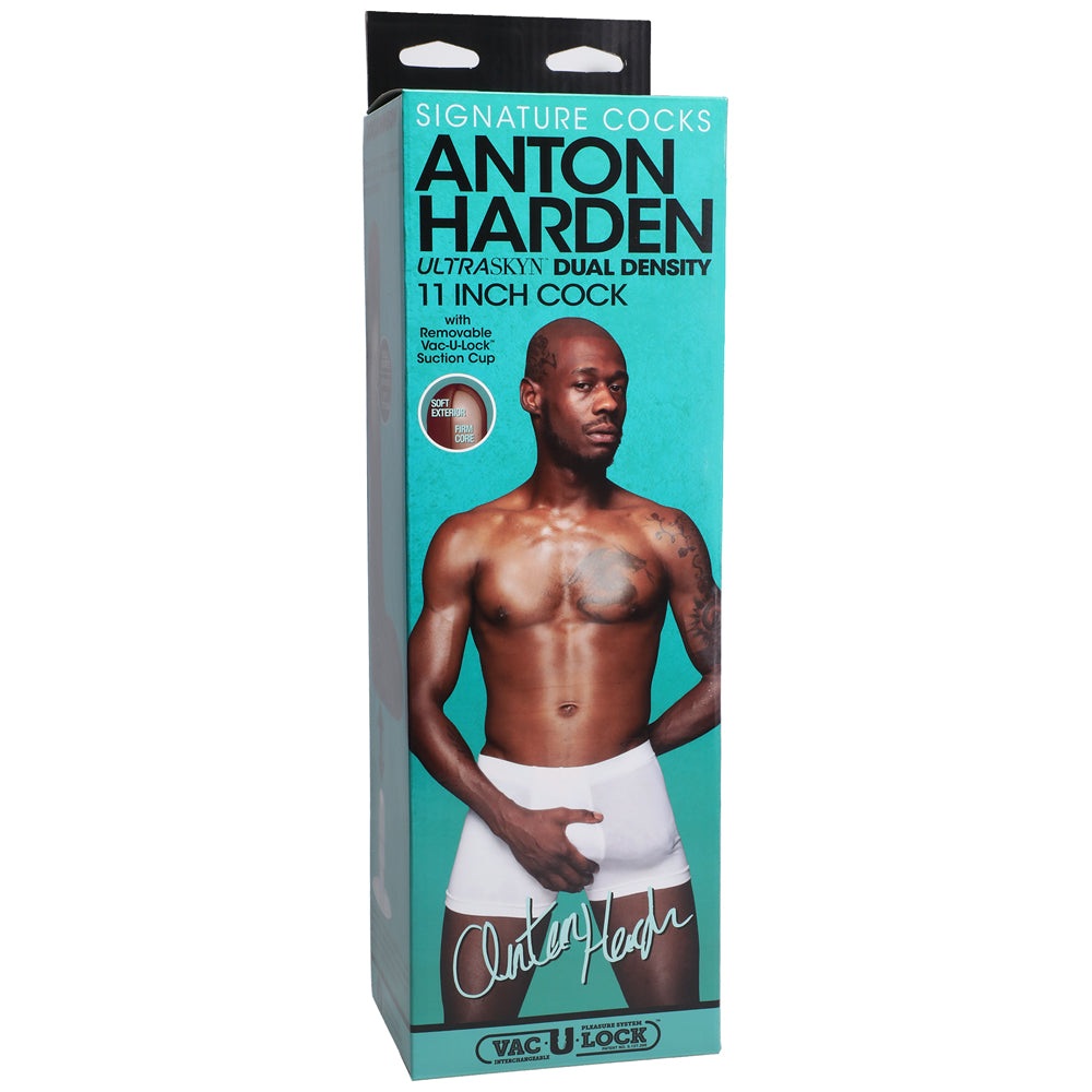 Packaging box of Signature Cocks Anton Harden 11 inch ULTRASKYN realistic adult toy with removable Vac-U-Lock suction cup.