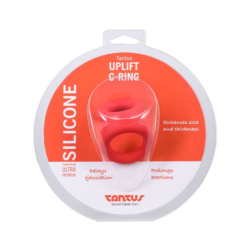 Red Tantus Uplift C-Ring silicone cock and ball sling in packaging for size and erection enhancement