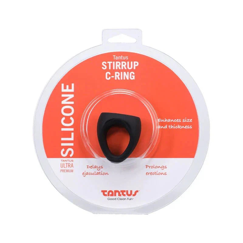 Tantus Stirrup C-Ring black silicone cock and ball sling enhancing size and prolonging erections in round retail packaging