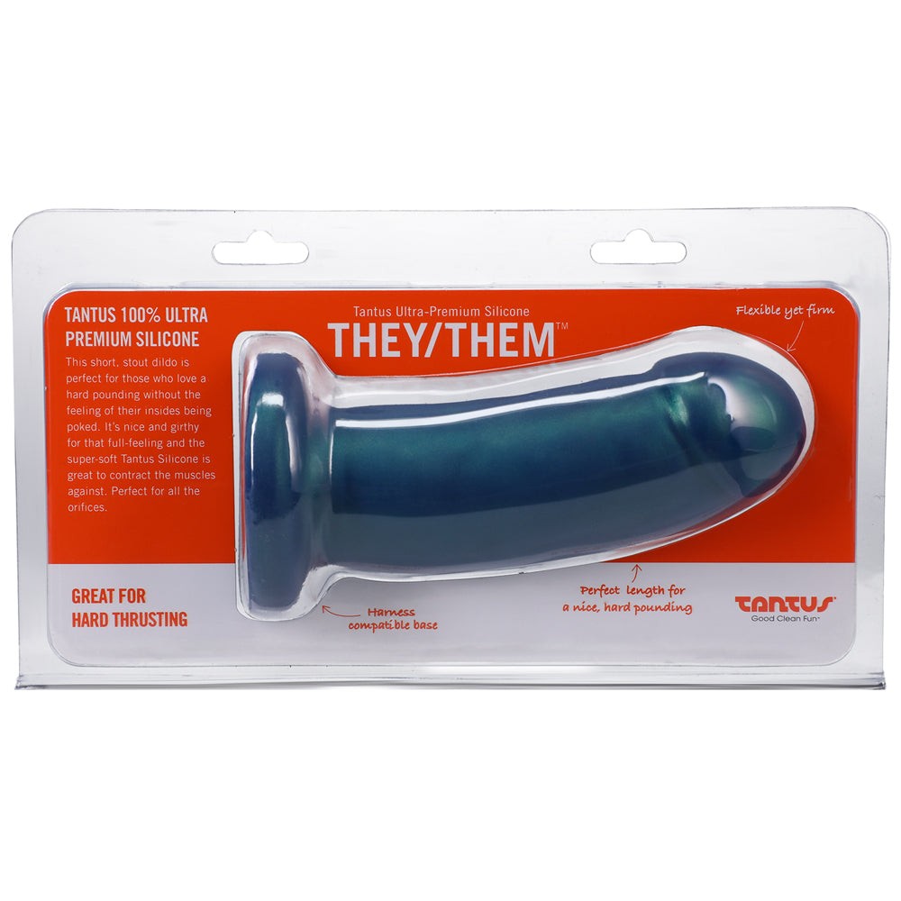 Tantus They/Them 5.5 inch soft malachite silicone dildo with wide base for safe, comfortable thrusting
