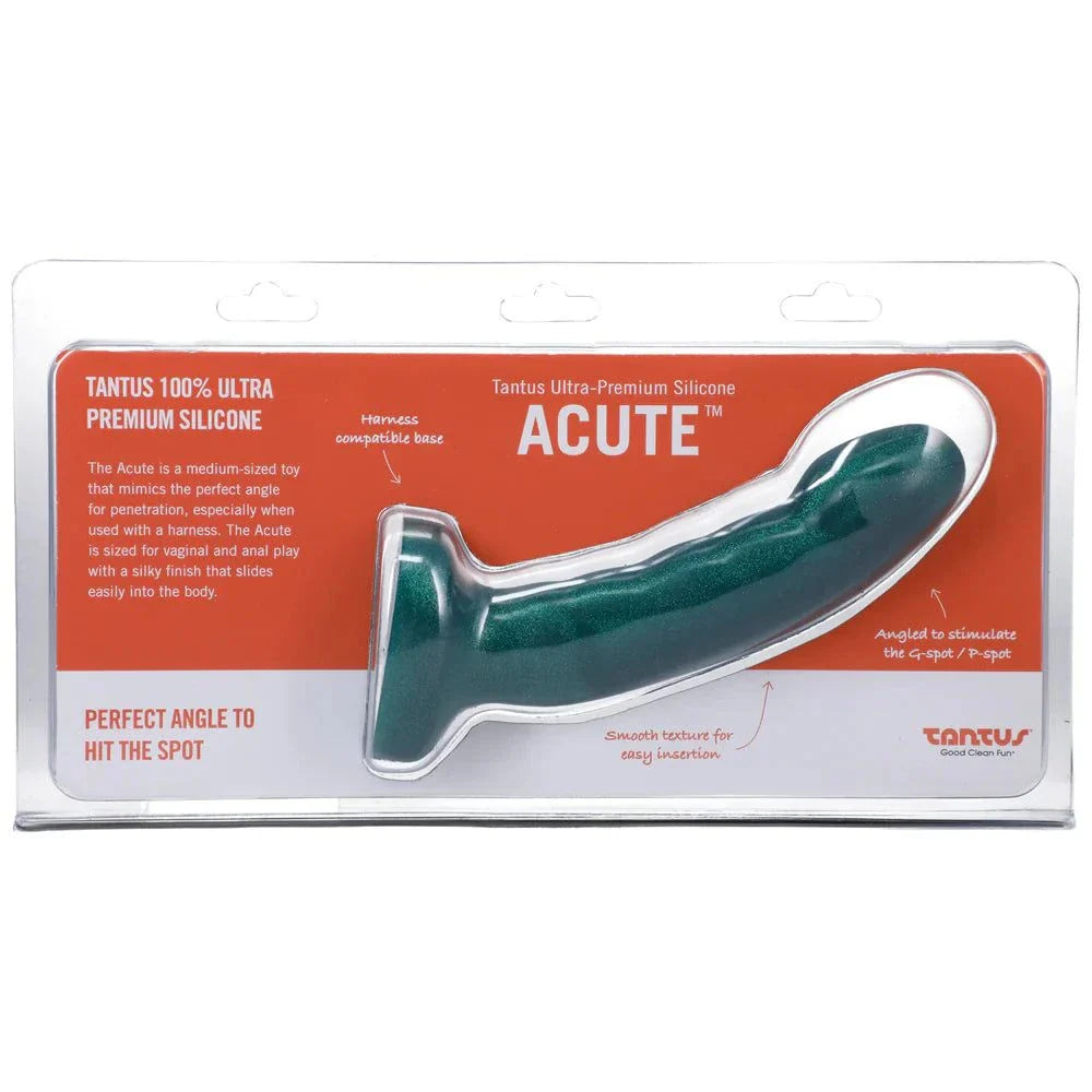 Tantus Acute 5.5 inch curved dildo in emerald, firm silicone, tapered tip, ridged texture, wide base for safe use.