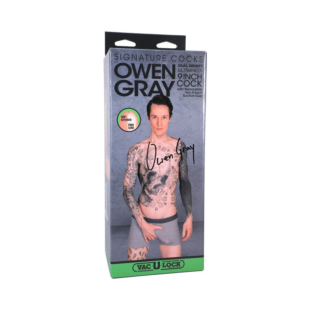 Packaging box for Signature Cocks Owen Gray 9 inch ULTRASKYN dildo with Vac-U-Lock suction cup featuring a tattooed male model on the front.