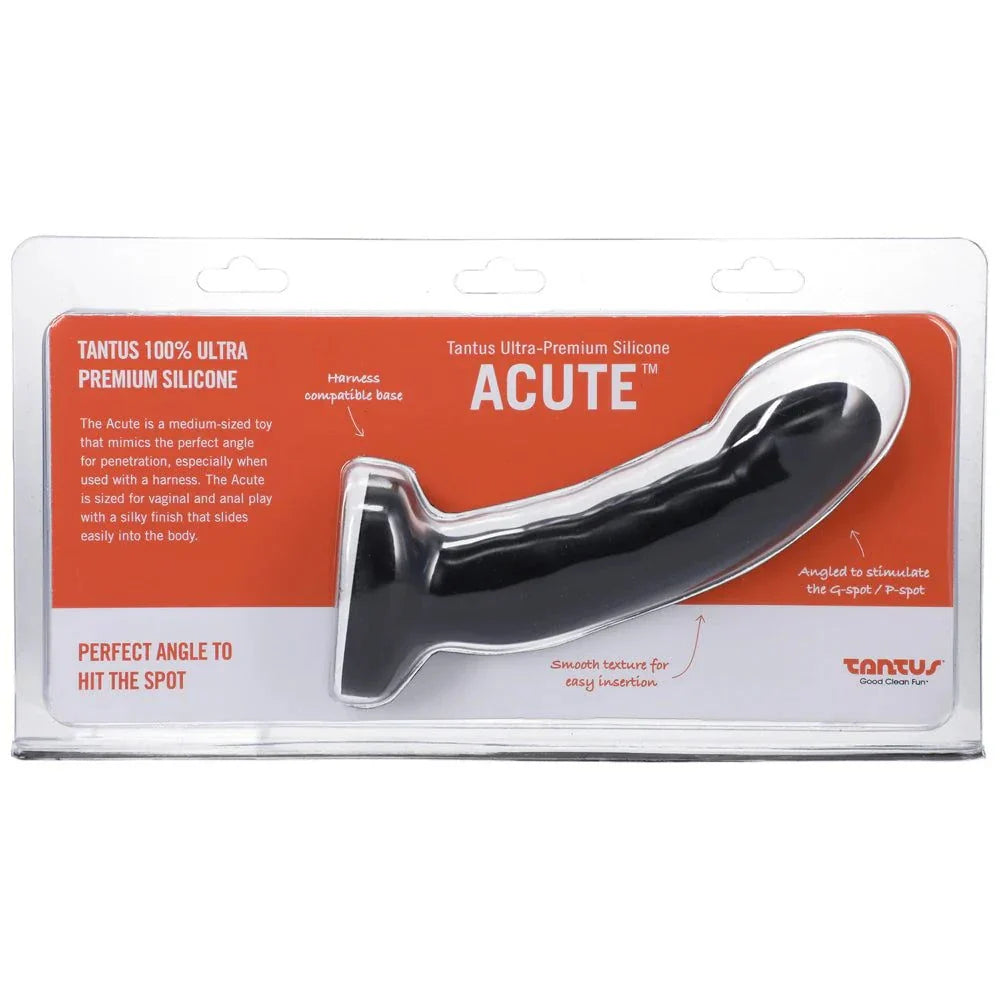Tantus Acute 5.5 in. curved dildo in night sky color, firm silicone with tapered tip and wide base for safe vaginal and anal use.