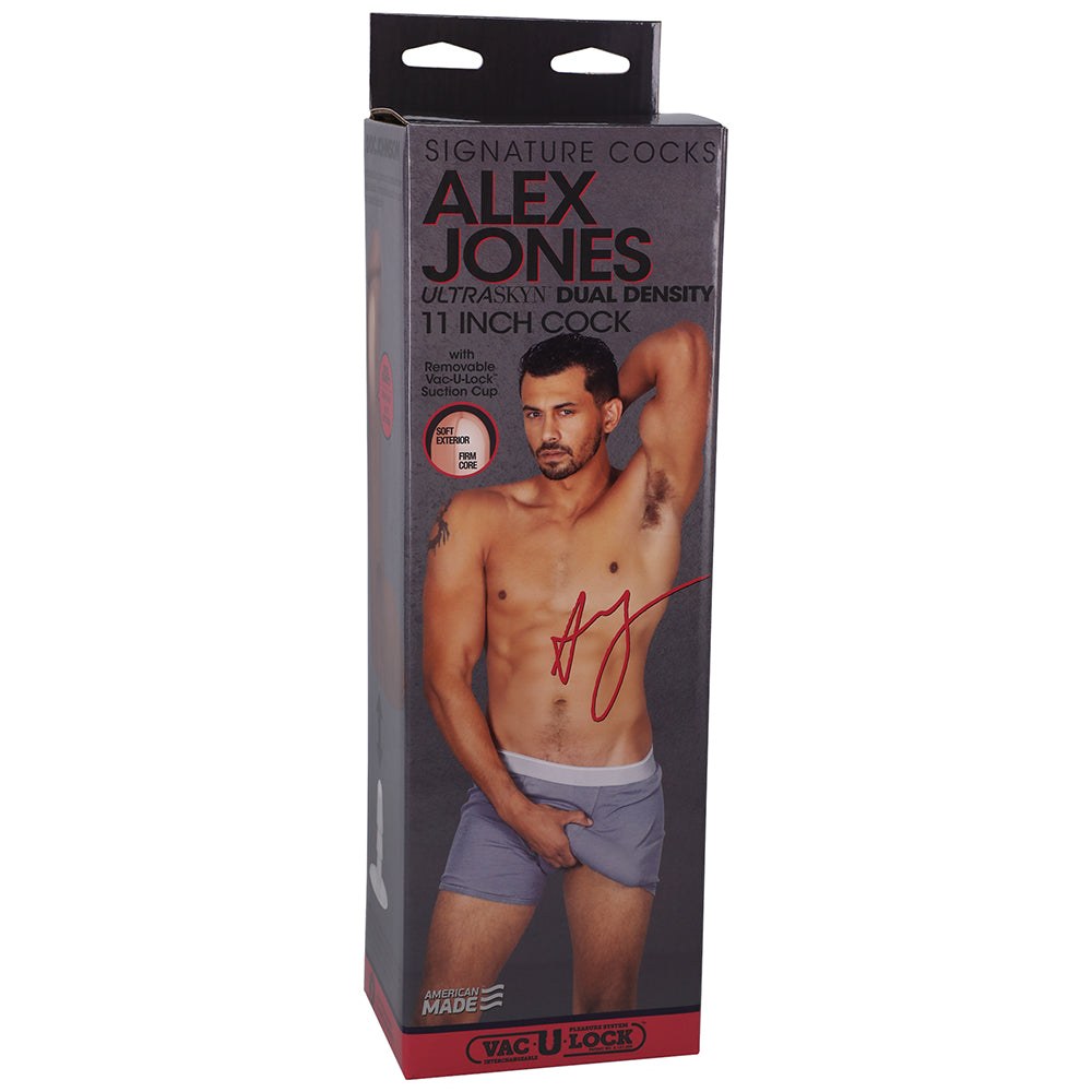 Signature Cocks Alex Jones ULTRASKYN 11-inch dual density dildo with removable Vac-U-Lock suction cup in tan packaging.
