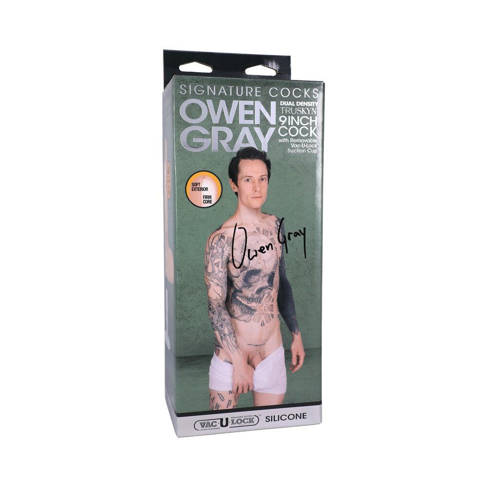 Signature Cocks Owen Gray 9-inch TRUSKYN silicone dildo with Vac-U-Lock suction cup in retail packaging featuring Owen Gray image.