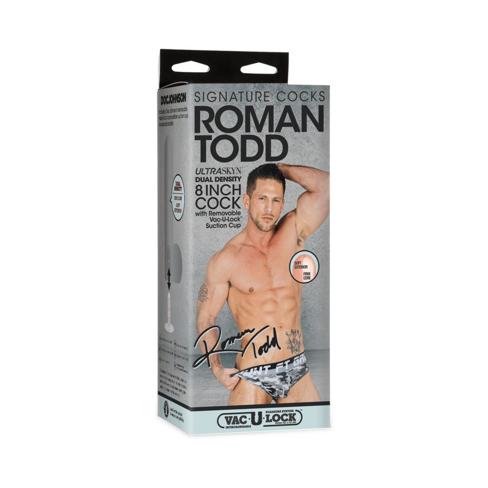 Packaging of Signature Cocks Roman Todd ULTRASKYN 8-inch dual-density dildo with removable Vac-U-Lock suction cup featuring image of shirtless man.
