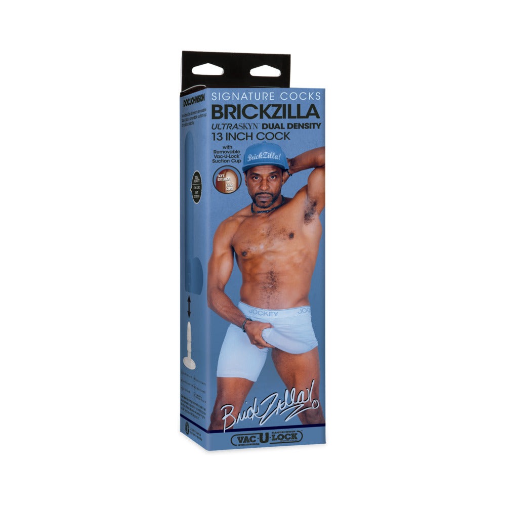 Packaging of Signature Cocks Brickzilla ULTRASKYN 13-inch dual-density dildo with removable Vac-U-Lock suction cup in chocolate color.