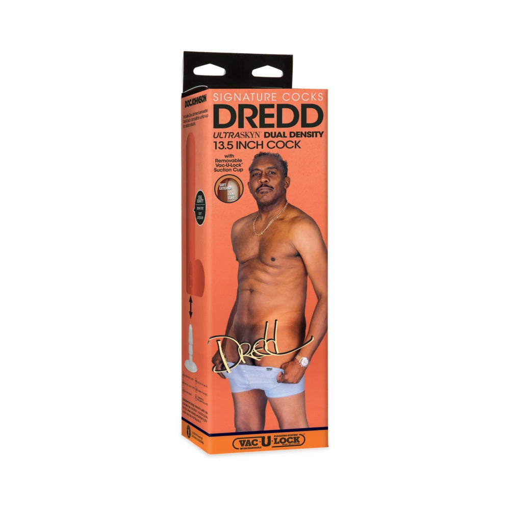Signature Cocks Dredd ULTRASKYN 13.5-inch dual-density chocolate cock with removable Vac-U-Lock suction cup in packaging.