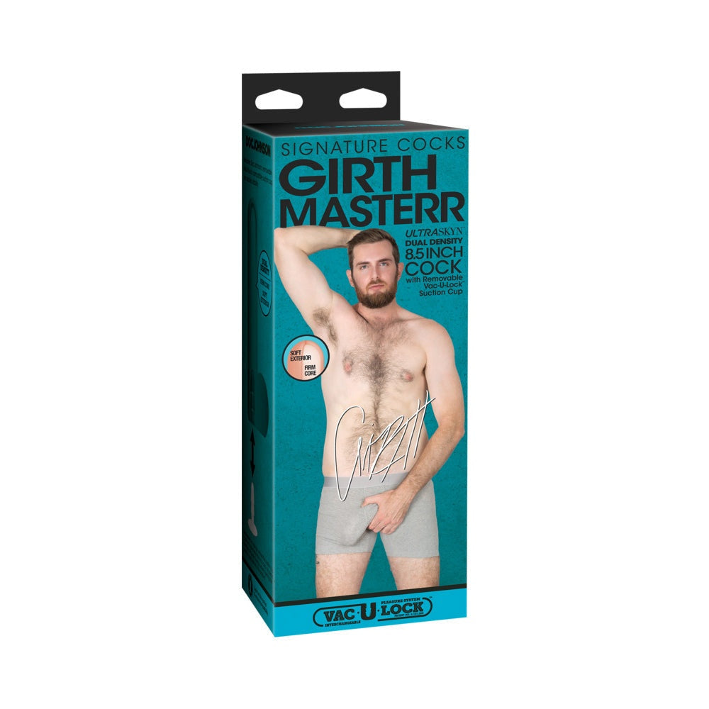 Packaging of Signature Cocks Girthmasterr 8.5 inch ULTRASKYN Vac-U-Lock dildo with image of a bearded man in gray underwear on front