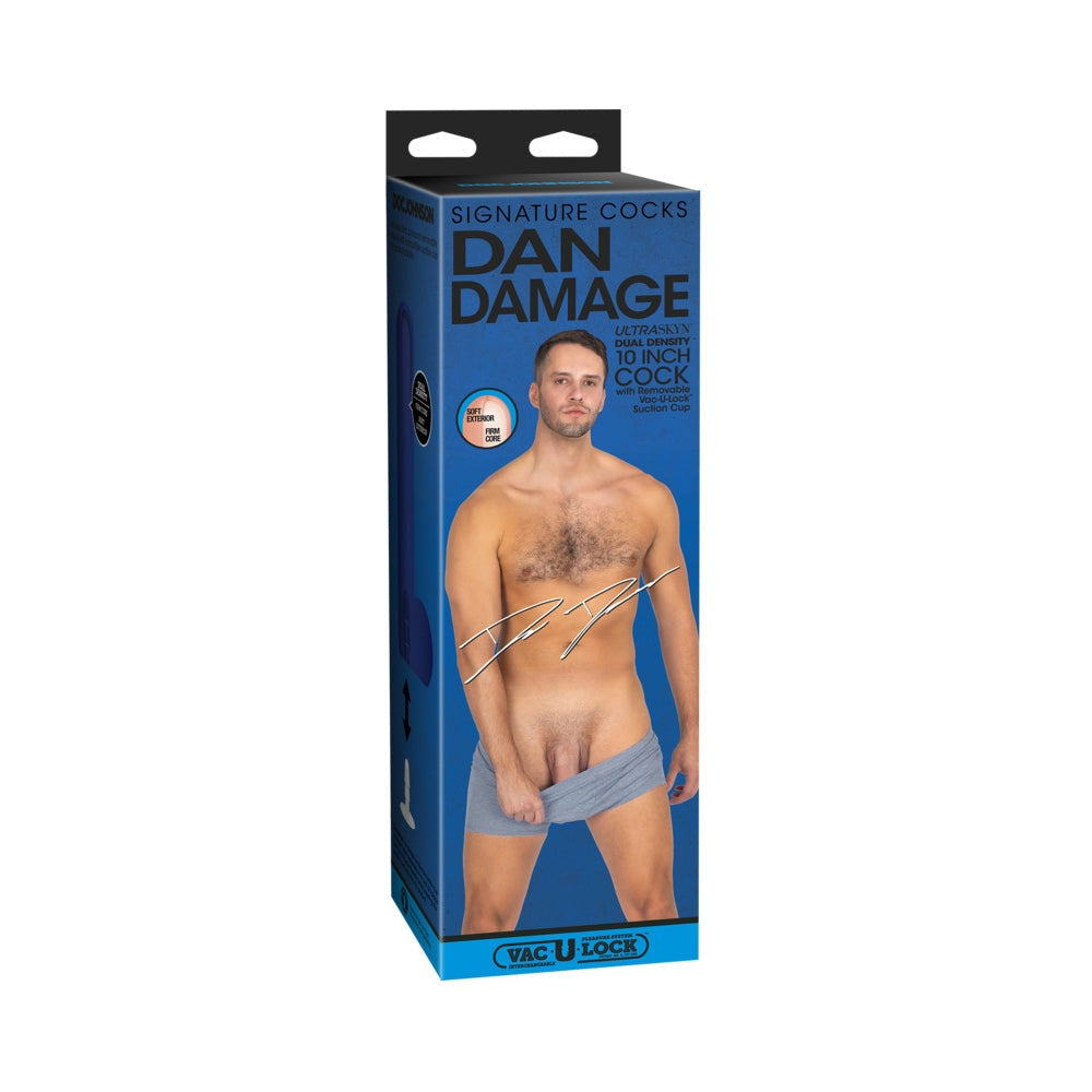 Signature Cocks Dan Damage 10-inch ULTRASKYN Vac-U-Lock dildo packaging featuring a photo of Dan Damage and product branding.