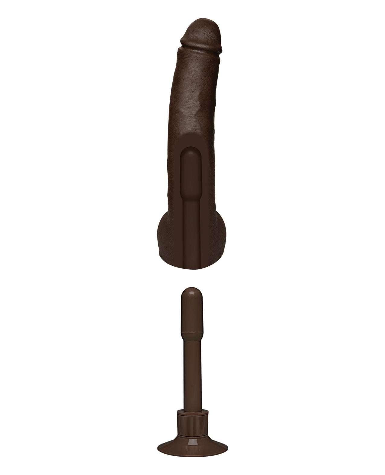 Signature Cocks ULTRASKYN 12-inch realistic vibrating dildo with Vac-U-Lock suction cup in dark brown.
