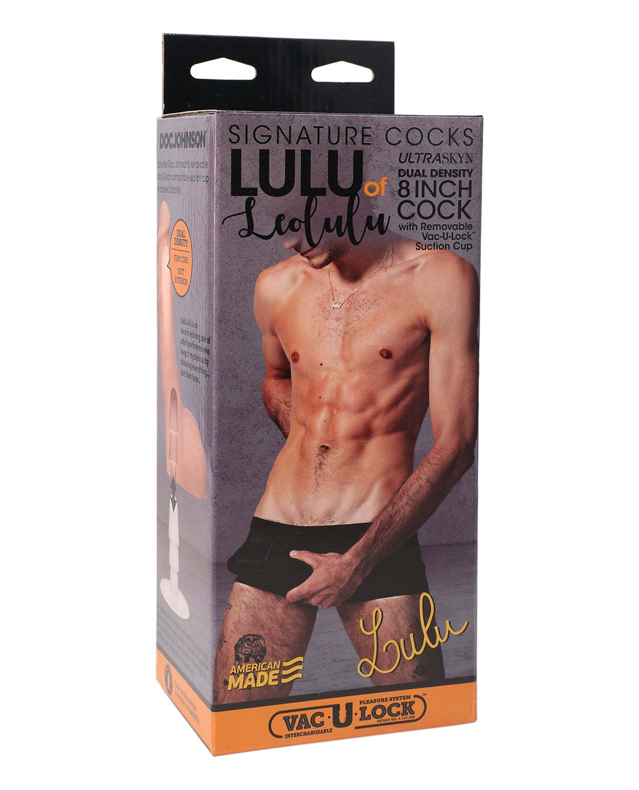 Packaging of the Signature Cocks ULTRASKYN 8" Cock with removable Vac-U-Lock suction cup featuring a fit male torso illustration.