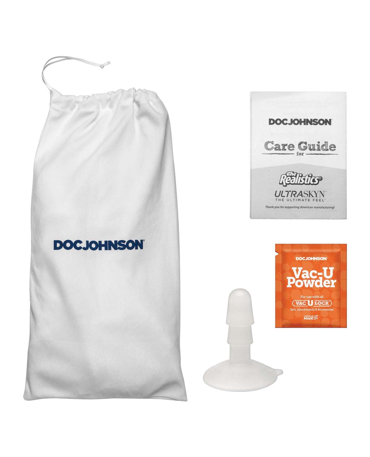 Storage bag, removable Vac-U-Lock suction cup, care guide, and Vac-U powder for Signature Cocks ULTRASKYN 8" Cock by Doc Johnson