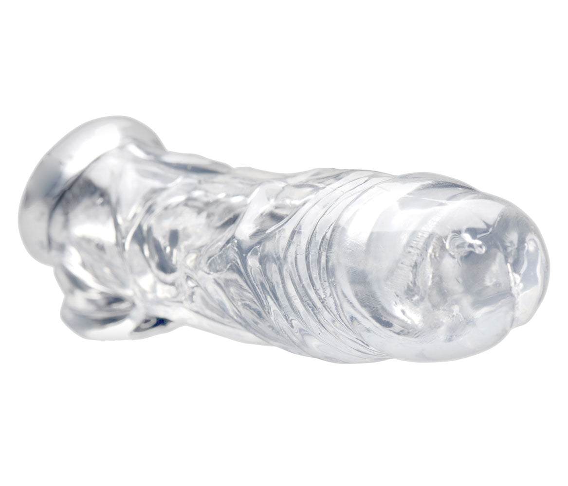 Realistic clear penis enhancer and ball stretcher with lifelike veiny texture and secure fit
