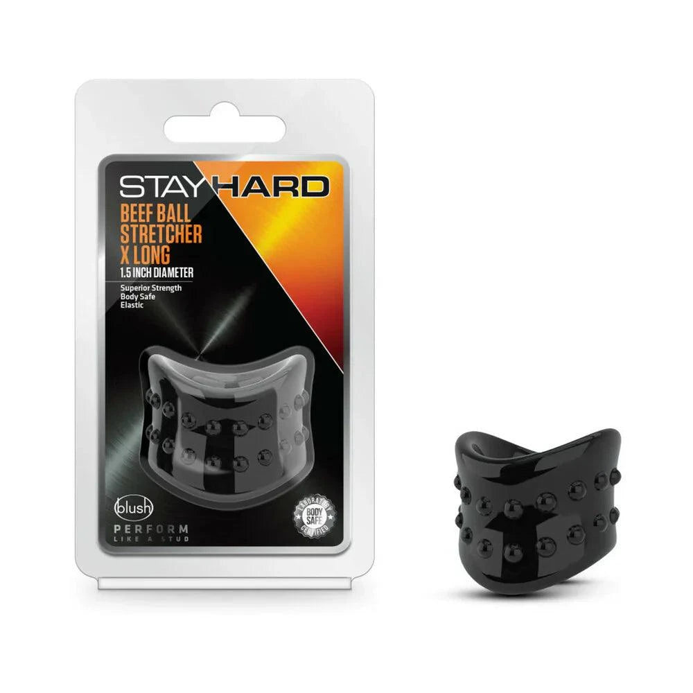 Stay Hard Beef Ball Stretcher X Long 1.5 inch black, body-safe stretchy scrotum stretcher for enhanced pleasure and control.