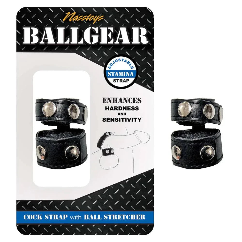 Black Ballgear Cock Strap with Ball Stretcher, adjustable stamina strap, enhances hardness and sensitivity, made of iron and PU.
