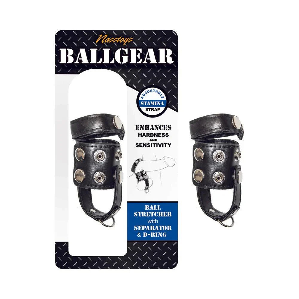 Ballgear ball stretcher with adjustable stamina strap, separator, and D-ring in black leather and iron, 5.5" length and 1.75" width designed to enhance hardness and sensitivity.