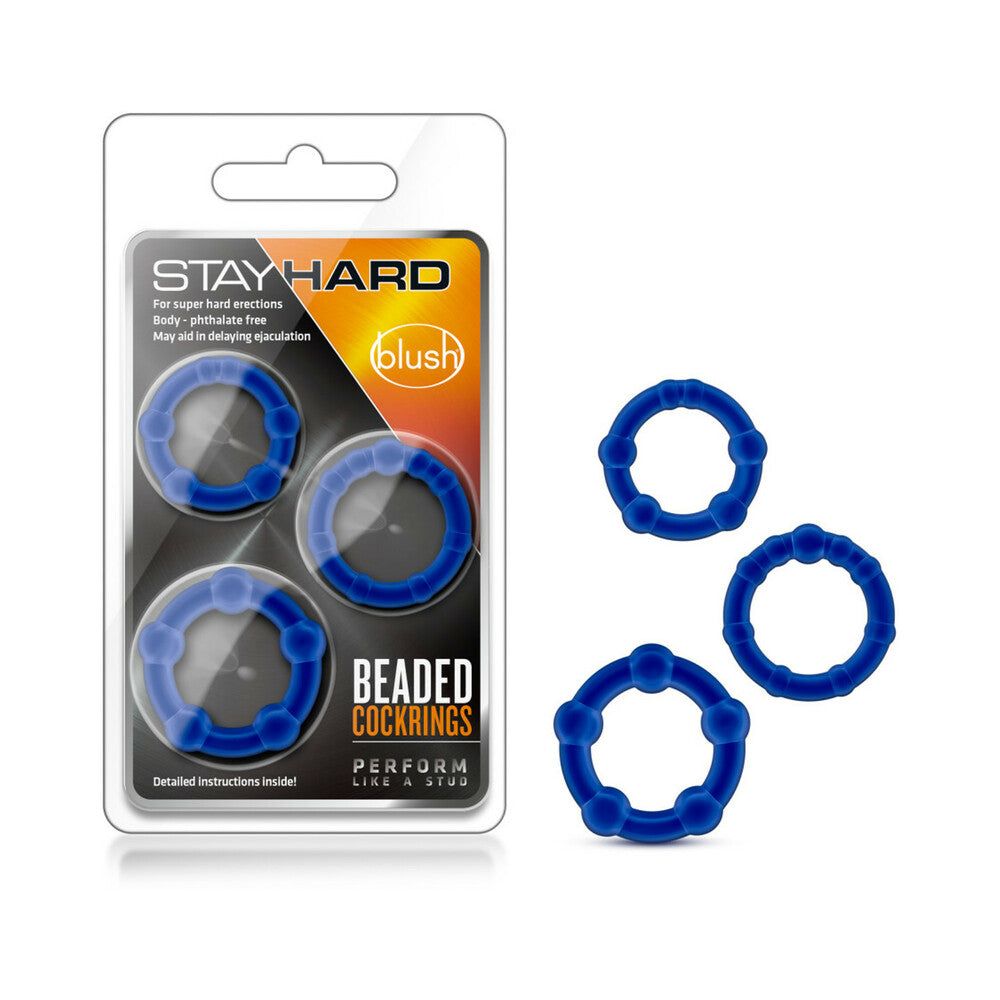 Stay Hard Beaded Cockrings 3-piece set in blue, body-safe stretchy TPE, designed for enhancing erections and delaying ejaculation.