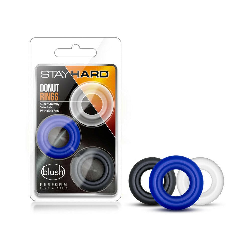 Stay Hard Rings 3-piece stretchy donut cockring set in assorted colors for increased stamina and harder erections