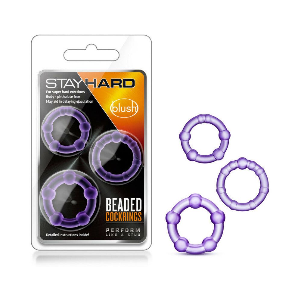 Stay Hard Beaded Cockrings 3-piece set in purple, body-safe stretchy rings for enhanced performance and prolonged erection.