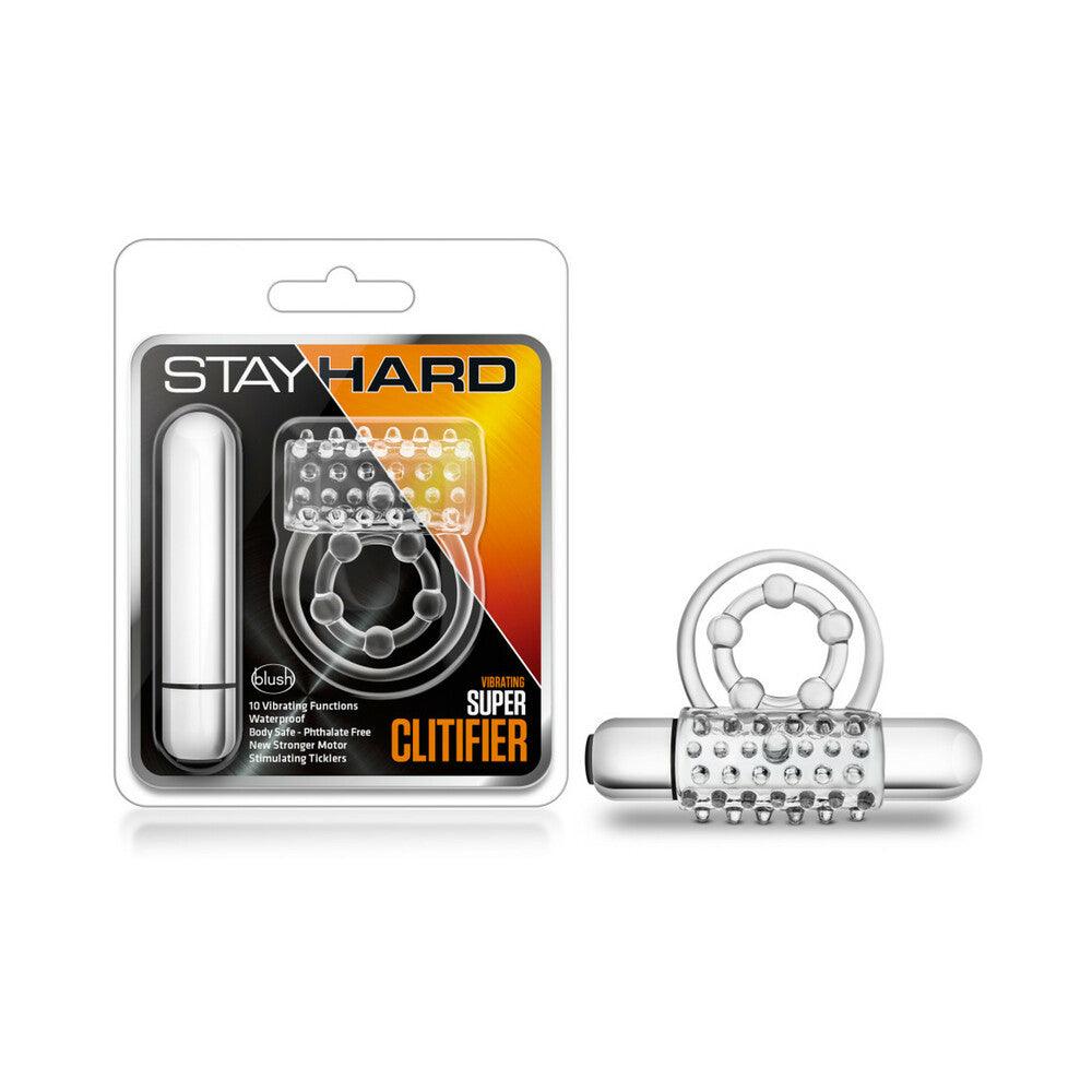 Clear Stay Hard Vibrating Super Clitifier cockring with textured bullet and dual support ring in packaging and outside view