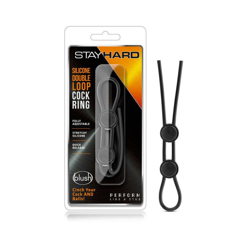 Stay Hard Silicone Double Loop black adjustable silicone cock ring with quick-release locking slide.