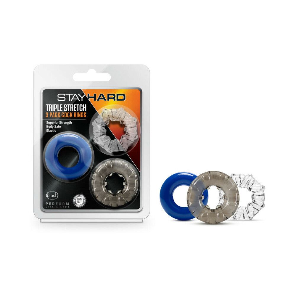 Stay Hard Triple Stretch 3-pack assorted color stretchy cock rings made of phthalate-free TPE for comfort and durability