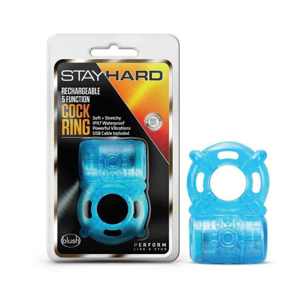 Stay Hard Rechargeable blue vibrating cockring with 5 functions, waterproof and USB rechargeable.