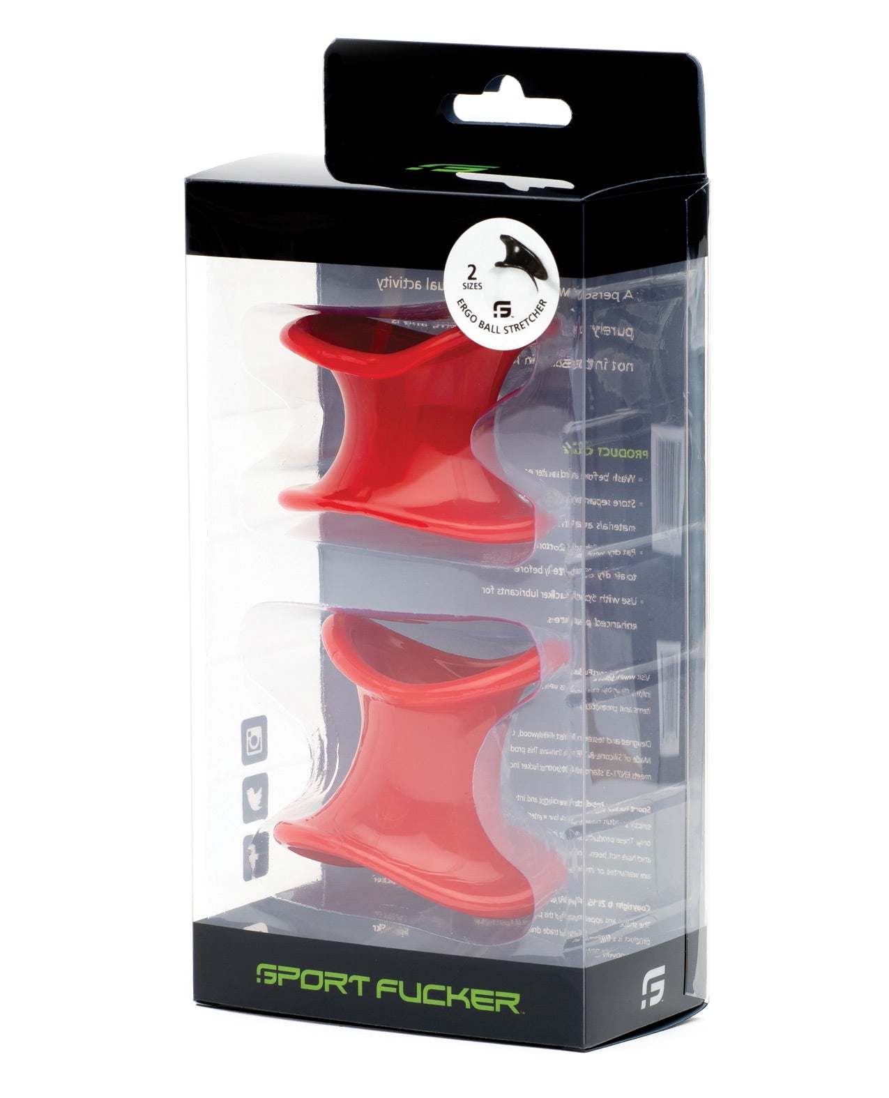 Sport Fucker Ergonomic Ball Stretcher Kit with adjustable red comfort rings in clear packaging