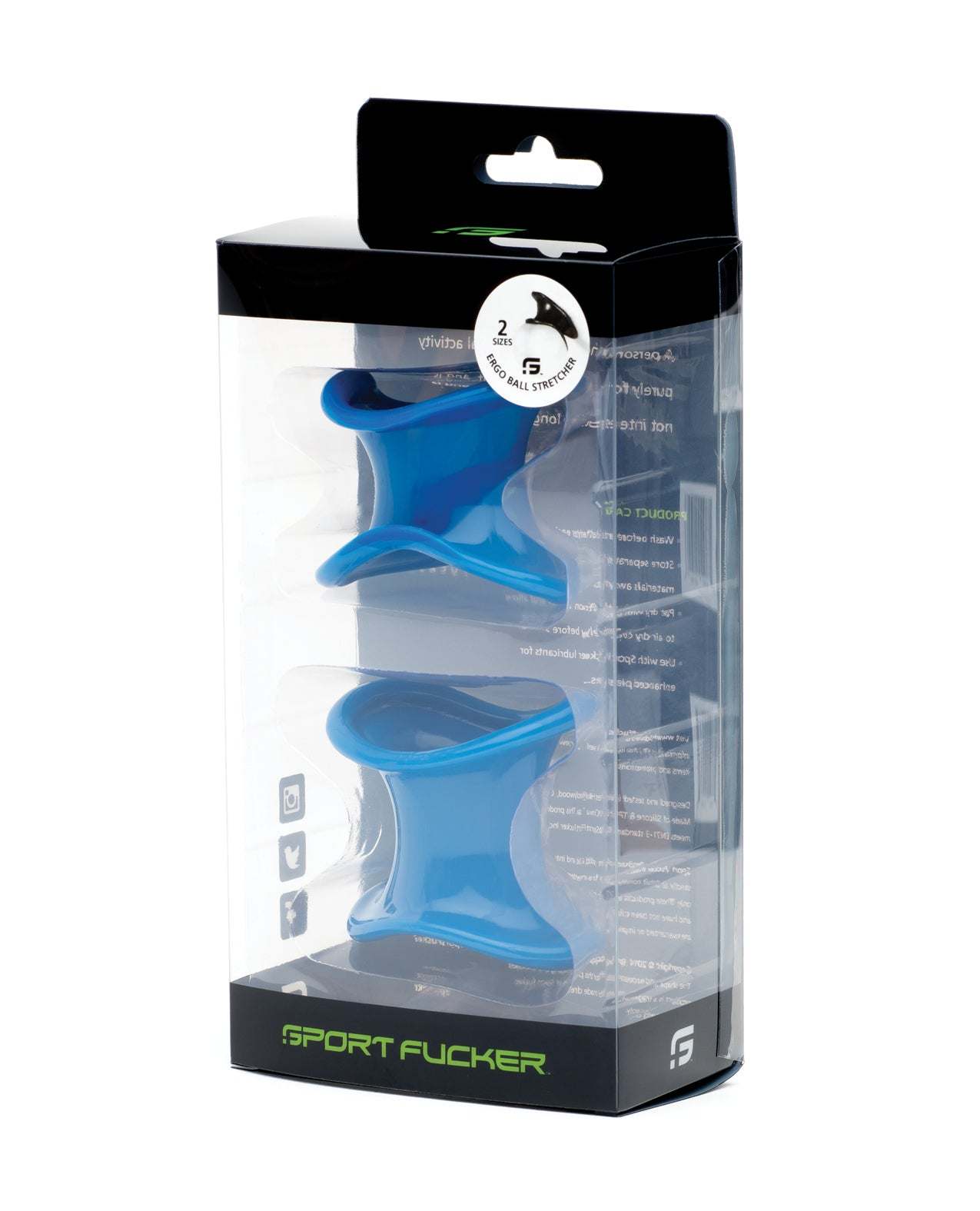 Sport Fucker Ergonomic Ball Stretcher Kit with adjustable blue comfort rings in clear packaging